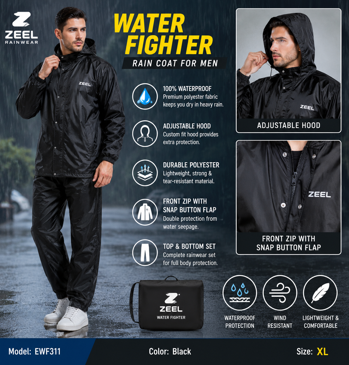 Water Fighter by ZEEL Rain Coat for Men | Waterproof Polyester Rain Suit with Adjustable Hood | Full Sleeves Top & Bottom Set | Black XL